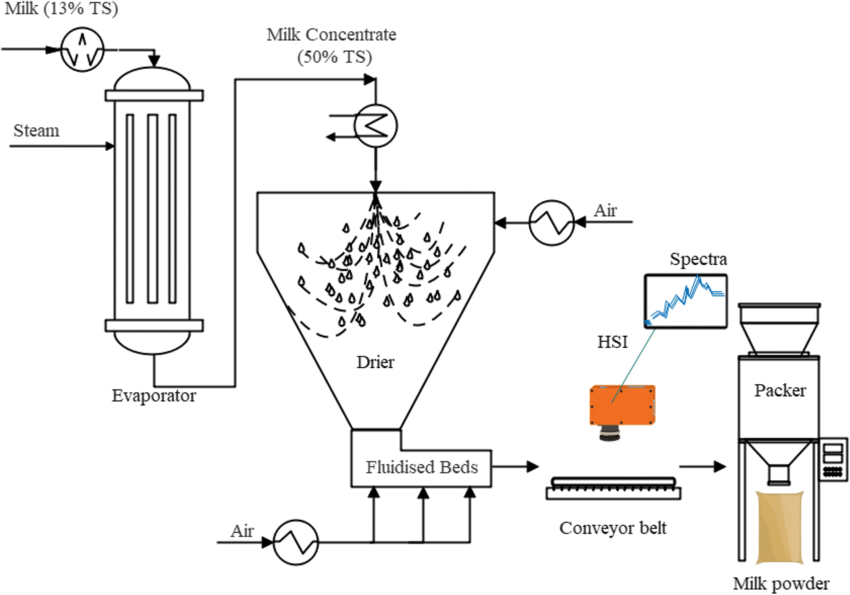 Milk powder production process schematic 